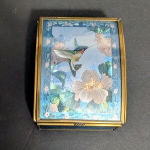Enesco Hummingbird Vintage Floral Enamel Music Trinket Box Blue Gold Glass
